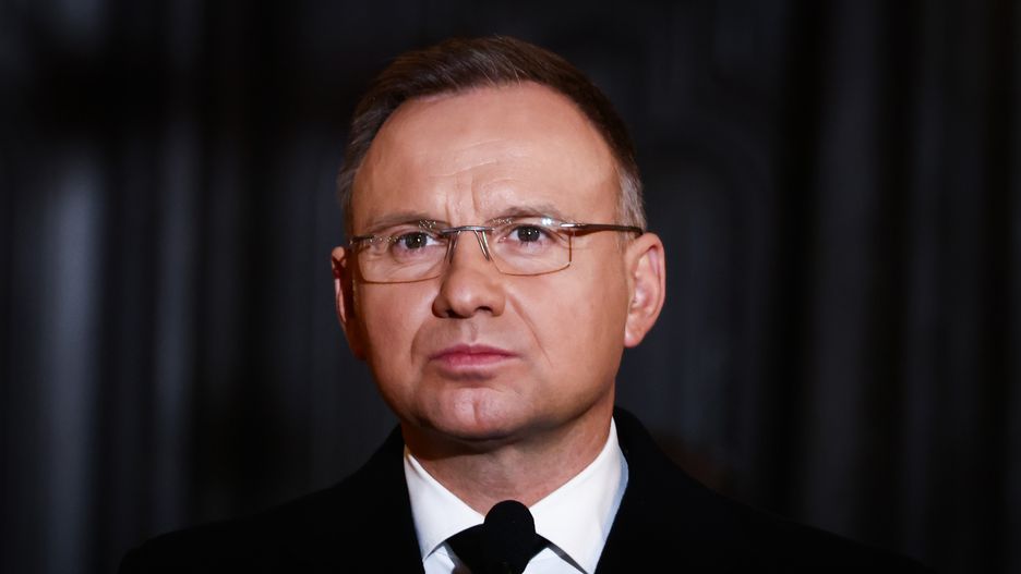 President of Poland, Andrzej Duda, is seen during a state funeral ceremony of Wanda Poltawska in St. Mary's Basilica in Krakow, Poland on October 31, 2023. Poltawska, who passed away at the age of almost 102, was Holocaust survivor of Ravensbruck concentration camp, a close friend of Pope John Paul II and pro-life activist.  (Photo by Beata Zawrzel/NurPhoto via Getty Images)