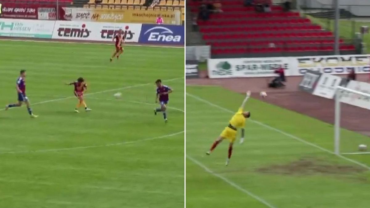 Twitter / twitter.com/sport_tvppl / Na zdjęciu: gol z połowy w meczu Chojniczanka vs Polonia Bytom