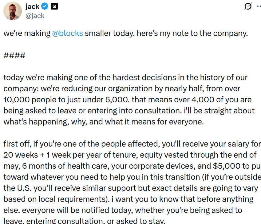 Jack Dorsey informuje o zwolnieniach w firmie Block