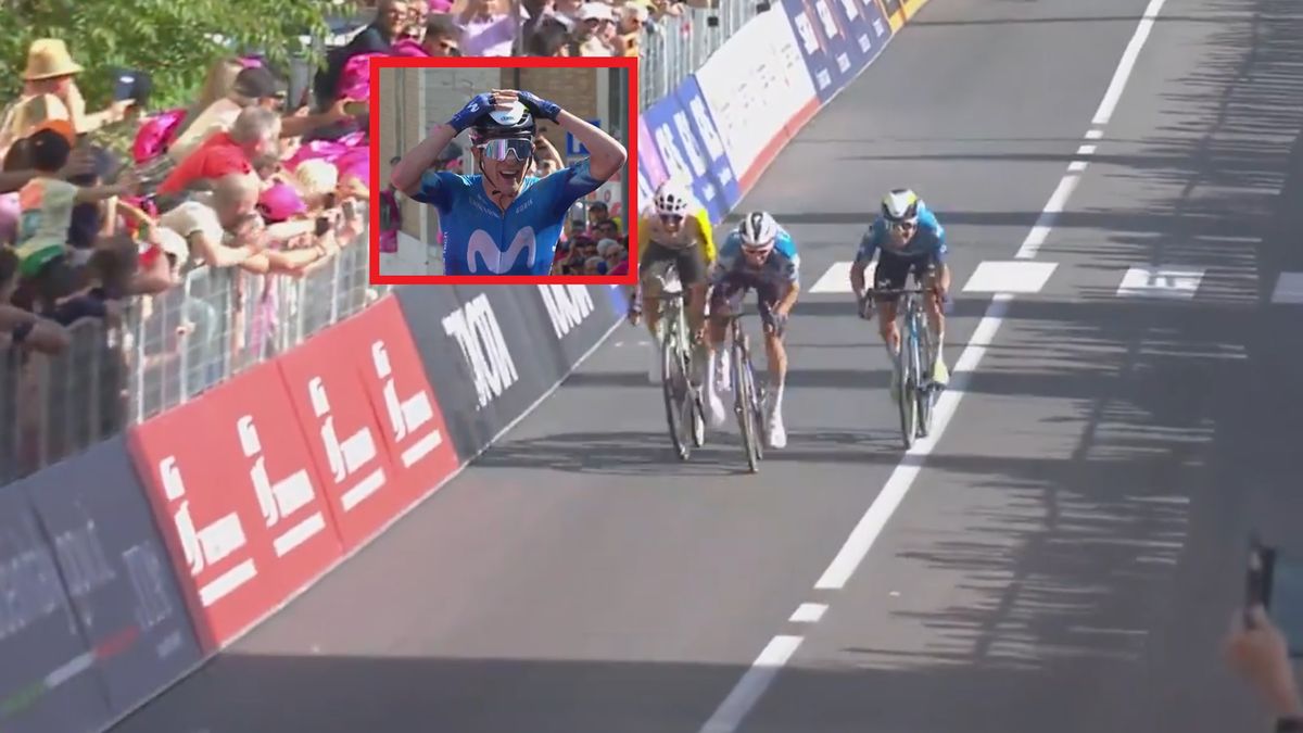 finisz etapu Giro d'Italia, w ramce reakcja zwycięzcy