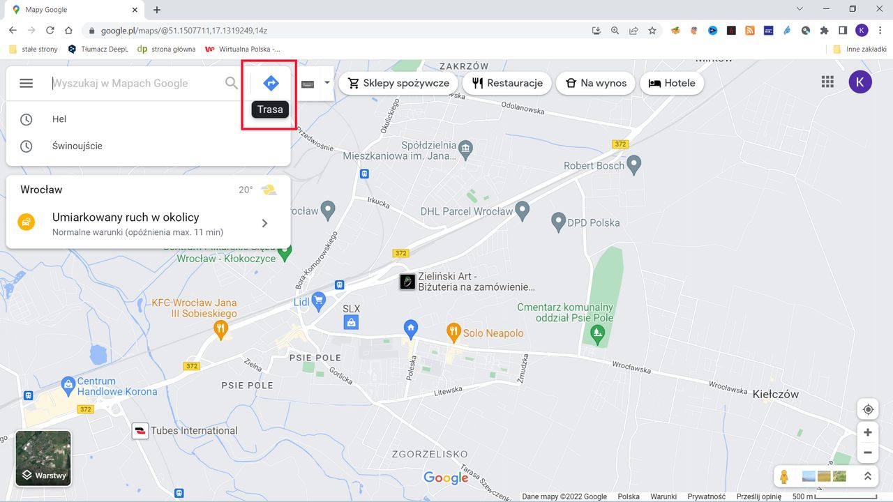 Google Maps: klikamy w przycisk Trasa