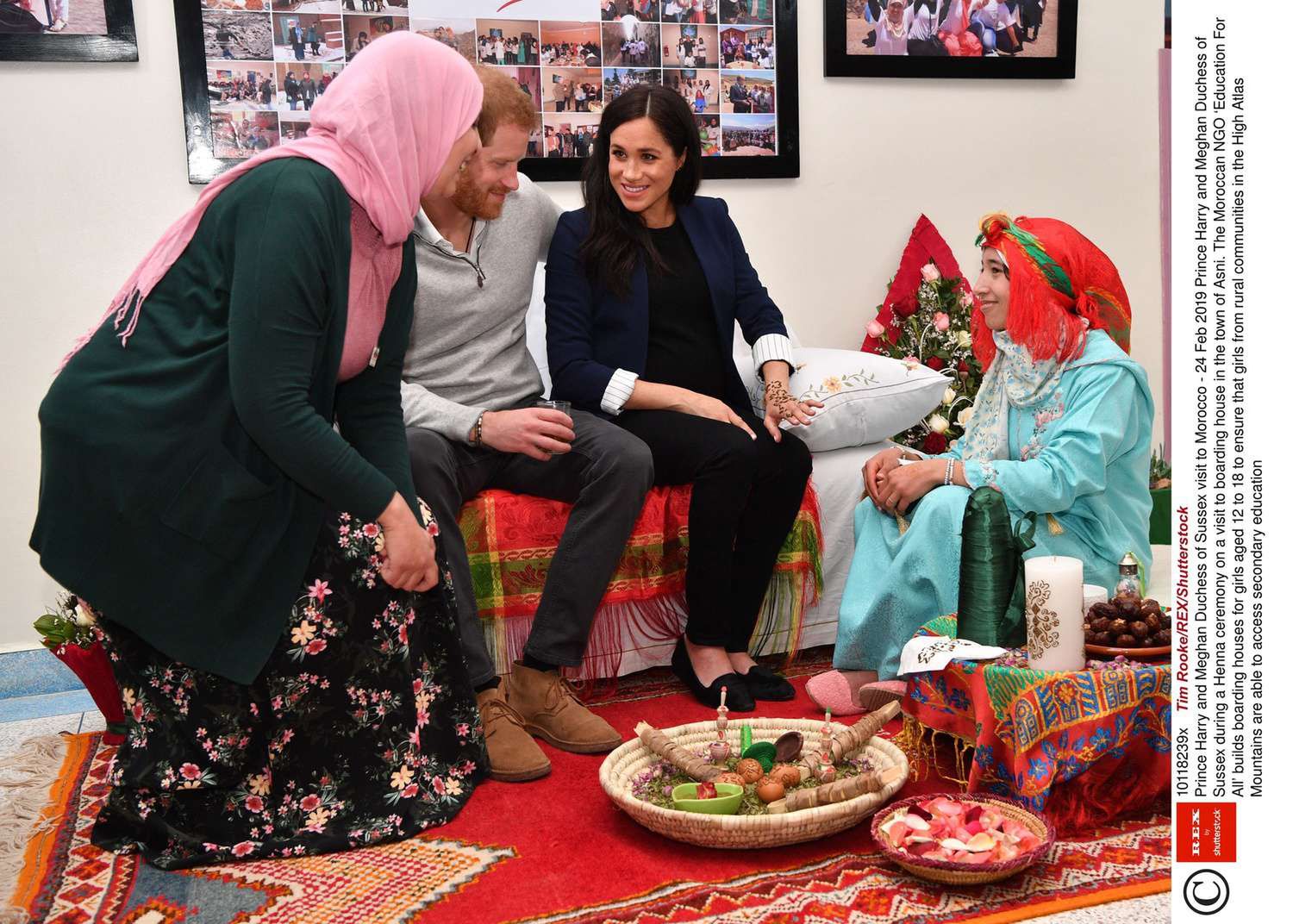 Mandatory Credit: Photo by Tim Rooke/REX/Shutterstock (10118239x)  Prince Harry and Meghan Duchess of Sussex during a Henna ceremony on a visit to boarding house in the town of Asni. The Moroccan NGO 'Education For All' builds boarding houses for girls aged 12 to 18 to ensure that girls from rural communities in the High Atlas Mountains are able to access secondary education  Prince Harry and Meghan Duchess of Sussex visit to Morocco - 24 Feb 2019