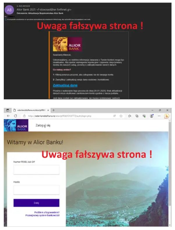 Przykładowe fałszywe treści: e-mail oraz strona logowania