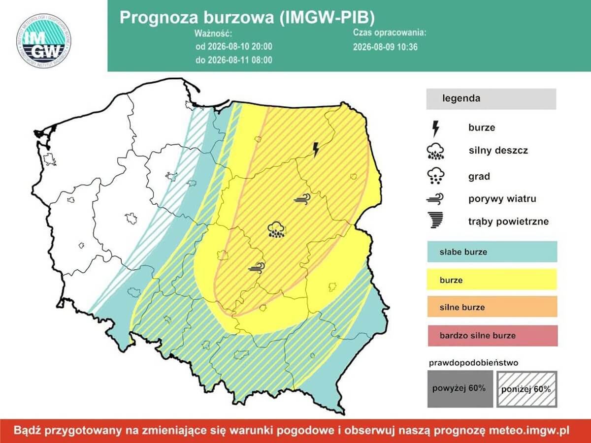 Prognoza burzowa IMGW na noc z poniedziałku na wtorek 10/11 sierpnia 2026 r.