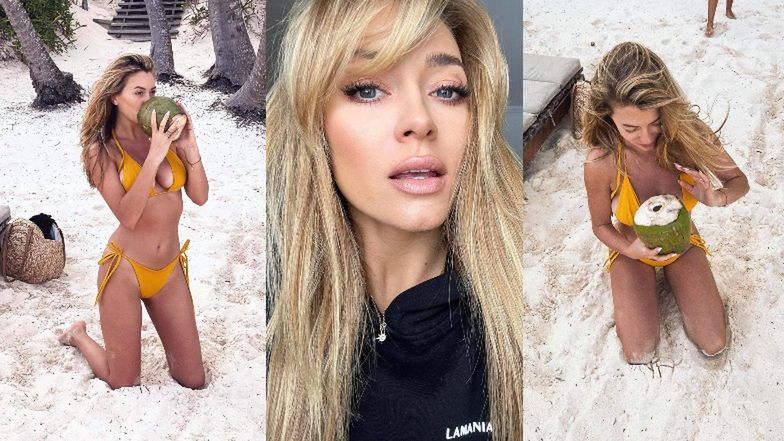 Marcelina Zawadzka sączy wodę kokosową