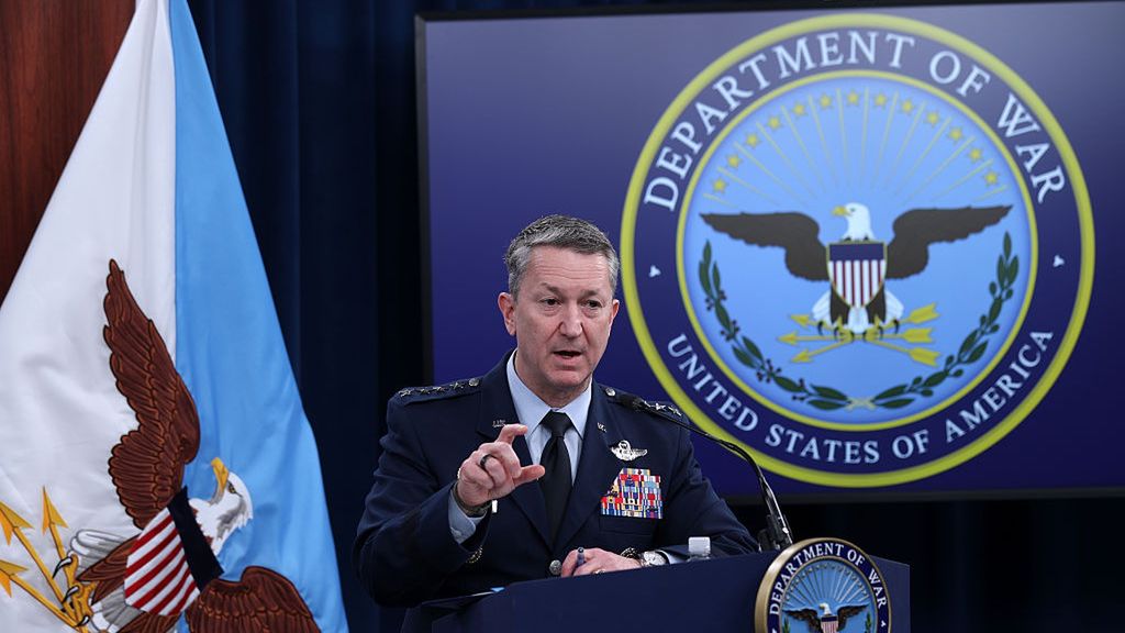 Secretary Hegseth And Chairman Caine Hold Pentagon Press Briefing On Iran Strikes
ARLINGTON, VIRGINIA - MARCH 02: Chairman of the Joint Chiefs of Staff General Dan Caine speaks during a news conference at the Pentagon on March 2, 2026 in Arlington, Virginia. Secretary of War Pete Hegseth and General Caine held the news conference to give an update on Operation Epic Fury. (Photo by Alex Wong/Getty Images)
Alex Wong