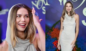 Roześmiana Sandra Kubicka pozuje na ramówce TVN w sukience z kapturem. Udana stylizacja? (ZDJĘCIA)