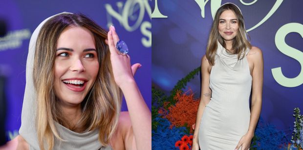 Roześmiana Sandra Kubicka pozuje na ramówce TVN w sukience z kapturem. Udana stylizacja? (ZDJĘCIA)