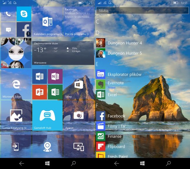 Przykładowy wygląd ekranu głównego i lista z aplikacjami w systemie Windows 10 Mobile