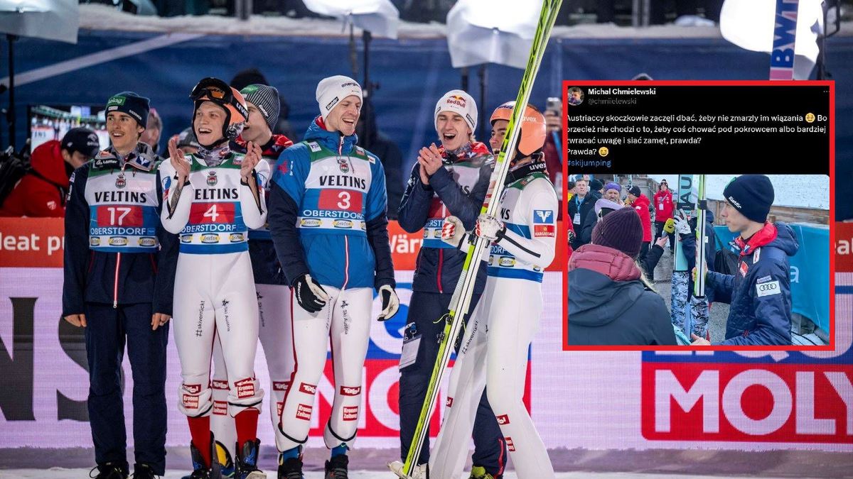 Getty Images / Tom Weller/VOIGT/Getty Images / Na dużym zdjęciu Austriaccy skoczkowie, na małym wpis dziennikarza TVP Sport