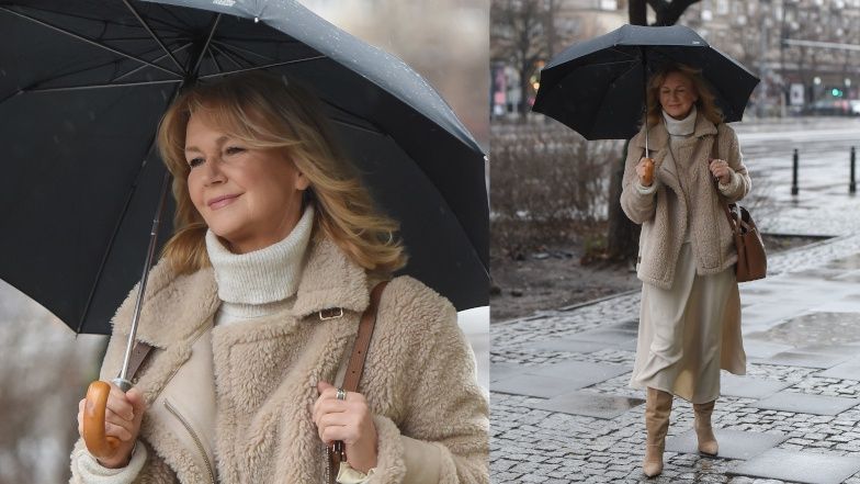 Grażyna Torbicka walczy z wiatrem na Marszałkowskiej 