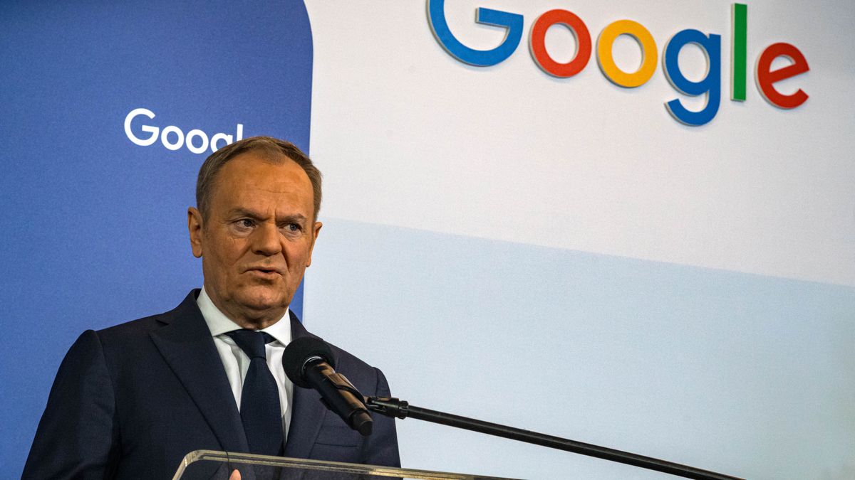 WARSAW, POLAND - 2025/02/13: In front of a Google logo, Polish Prime Minister Donald Tusk addresses the media. Alphabet and Google CEO Sundar Pichai welcomes Polish Prime Minister Donald Tusk to the company's Startups Campus. During a press conference, Tusk and Pichai announced the signing of a memorandum on cooperation in the field of artificial intelligence in sectors such as energy and cybersecurity. Donald Tusk believes this memorandum will enable greater investment opportunities for Google within Poland which will benefit national security. Pichai emphasized that this cooperation could contribute to an 8% growth in Poland's GDP and highlighted Poland's strategic role as Google's largest engineering hub in Europe, employing over 2,000 people. The signatories of the letter are the Polish Development Fund (PFR), the National Cloud Operator (OChK) and Google Cloud. (Photo by Neil Milton/SOPA Images/LightRocket via Getty Images)
