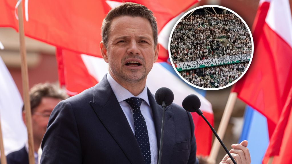 PAP / Krzysztof Ćwik / Na zdjęciach: Rafał Trzaskowski, w kółku transparent