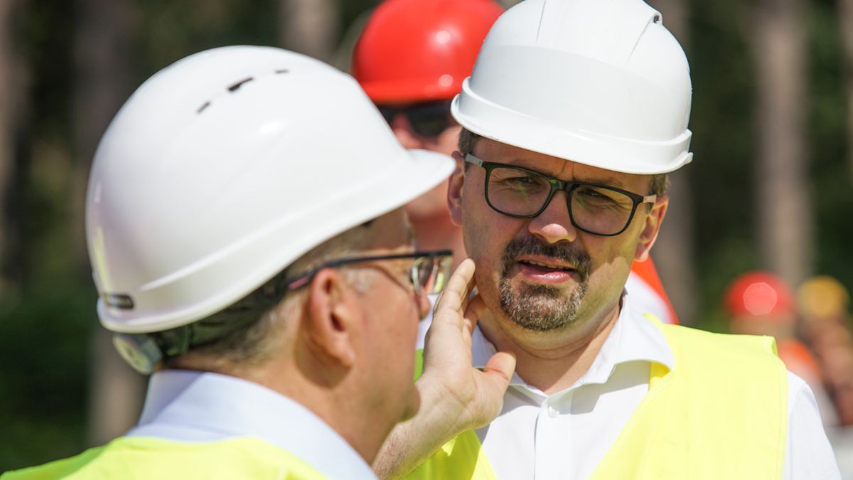 Marcin Horala visiting the construction site of a waterway connecting the Vistula Lagoon with the Gulf of Gdansk is seen in Nowy Swiat, Vistula Spit, Poland on 1 July 2021 Controversial The Vistula Spit canal is curently under construction canal across the Polish section of the Vistula Spit that will create a second connection between the Vistula Lagoon and Gdansk Bay (Baltic Sea) (Photo by Michal Fludra/NurPhoto via Getty Images)
