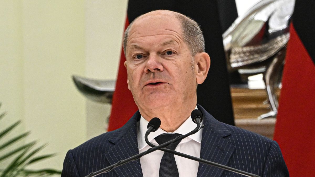 Olaf Scholz, Germany's chancellor, during a news conference with Narendra Modi, India's prime minister, not pictured, at Hyderabad House in New Delhi, India, on Friday, Oct. 25, 2024. Scholz called for further diversification of the nation's trade as he looks to reduce the economy's dependence on China in favor of India. Photographer: Prakash Singh/Bloomberg via Getty Images