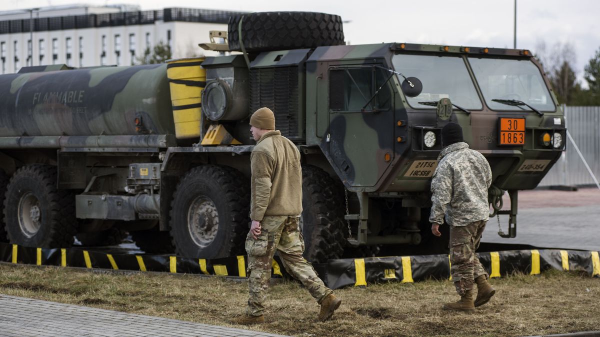 US soldiers seen walking next to a military truck at the
JASIONKA, PODKARPACKIE, POLAND - 2022/02/23: US soldiers seen walking next to a military truck at the base in Jasionka.
American soldiers arrived in Poland after Pentagon announced additional forces needed. They moved from the United States to Europe, to strengthen NATO's eastern flank. US soldiers from the 82nd Airborne Division created a small military base and a storage for their equipment next to the airport in Jesionka, southern Poland. (Photo by Attila Husejnow/SOPA Images/LightRocket via Getty Images)
SOPA Images
us soldiers, soldiers, soldier, us army trucks, trucks, army trucks, vehicle, vehicles, military bases, nato's eastern flank, 82nd, airborne division, airports, us troop, us troops