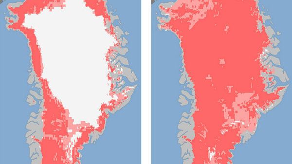 Na pierwszym zdjęciu widać pokrywę lodową Grenlandii 8 lipca. Około 40 proc. powierzchni pokrywy lodowej wykazuje oznaki prawdopodobnego topnienia. Na zdjęciu wykonanym 12 lipca widać, że 97 proc. wierzchniej warstwy pokrywy lodowej stopniało lub pokazuje prawdopodobne topnienie