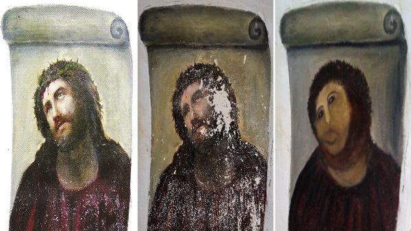 Fresk Ecce Homo przed i po renowacji