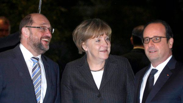 Od lewej: Martin Schulz, Angela Merkel i Francois Hollande