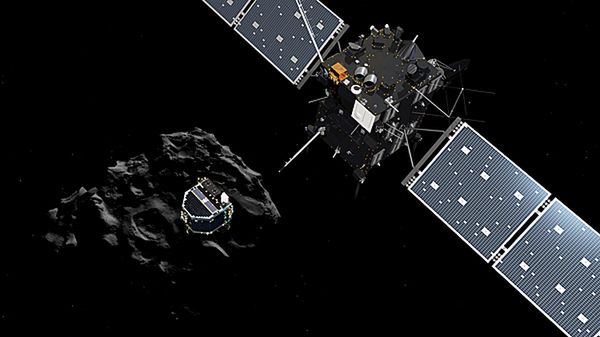 Ilustracja przedstawiająca moment odłączenia lądownika Philae od sondy Rosetta