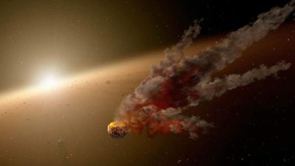 Artystyczna wizja efektów kolizji między planetoidami w pobliżu gwiazdy NGC 2547-ID8