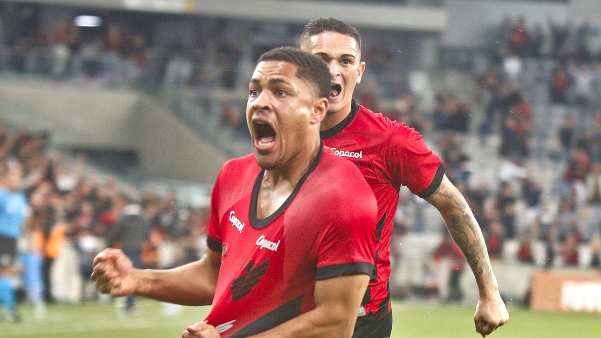 Athletico PR v Atletico MG- Libertadores Cup - Round 2 Group Stage - Athletico PR player Vitor Roque celebrates his goal in the match against Atletico MG for the Libertadores Cup - Round 2 Group Stage at Arena da Baixada Stadium in Curitiba-PR/Brazil. (Photo by Gabriel Machado/NurPhoto via Getty Images)