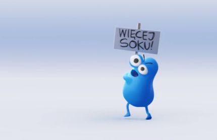 Stworek Akuk reklamuje żelki Akuku!