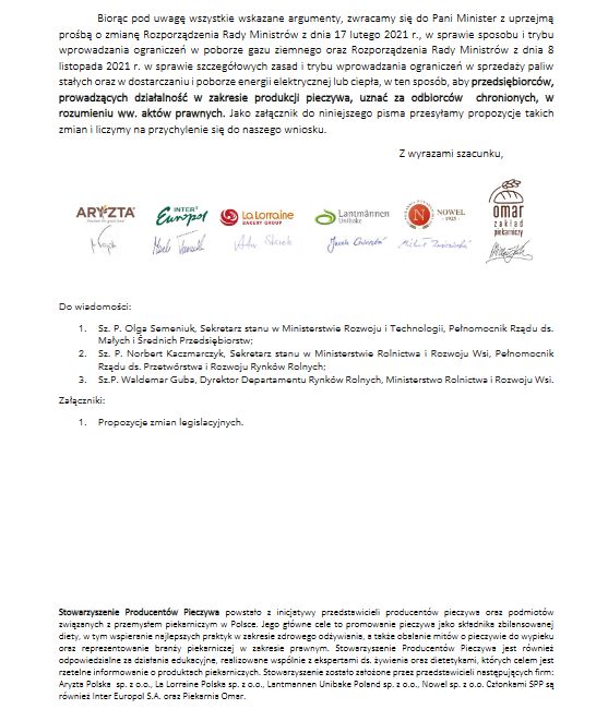 Treść pisma SPP do MKiŚ ws. sytuacji branży piekarniczej