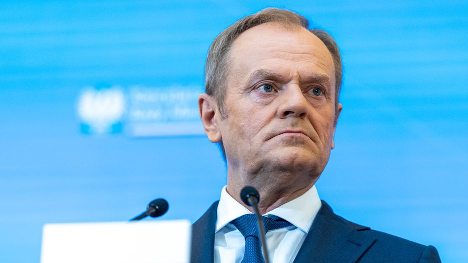 Polish Prime Minister Donald Tusk is speaking during a press conference after his meeting with Belgian Prime Minister Alexander De Croo and European Commission President Ursula von der Leyen at the Prime Minister's Office in Warsaw, Poland, on February 23, 2024. (Photo by Andrzej Iwanczuk/NurPhoto via Getty Images)