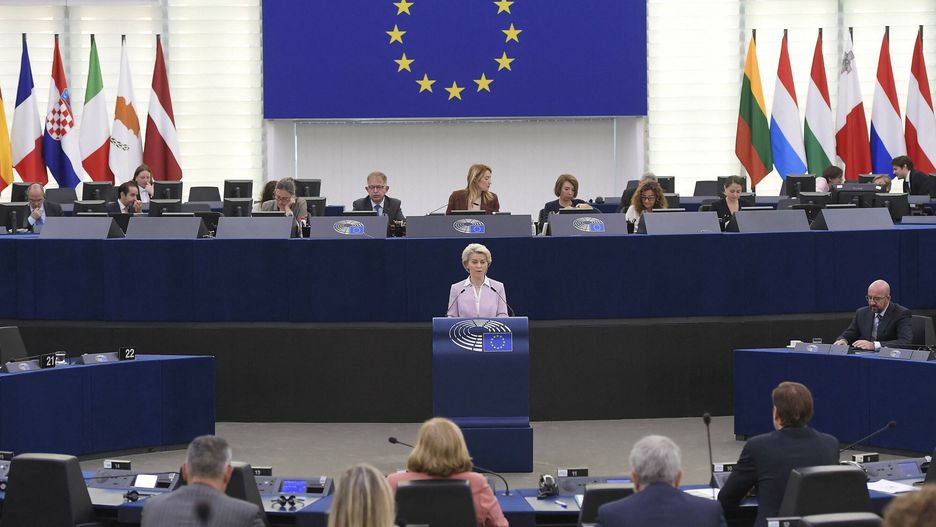 TemporaryEuropean Commission President Ursula von der Leyen speaks during a debate as part of a plenary session at the European Parliament on June 8, 2022 in Strasbourg, eastern France. (Photo by Frederick FLORIN / AFP)FREDERICK FLORIN