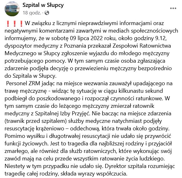 Oświadczenie szpitala po śmierci 30-latka w Słupcy