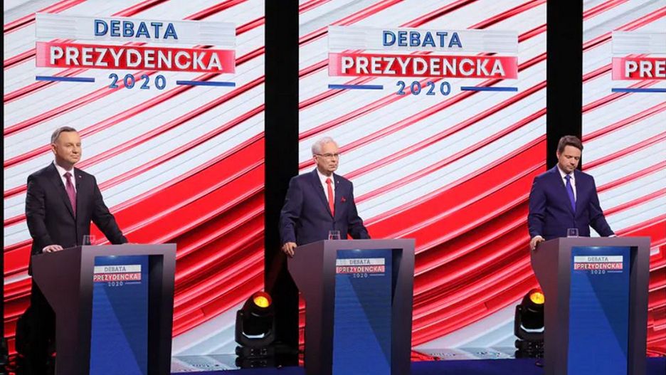 Debata prezydencka w TVP. Od lewej: prezydent RP Andrzej Duda, przewodniczący Unii Pracy Waldemar Witkowski i kandydat Koalicji Obywatelskiej Rafał Trzaskowski