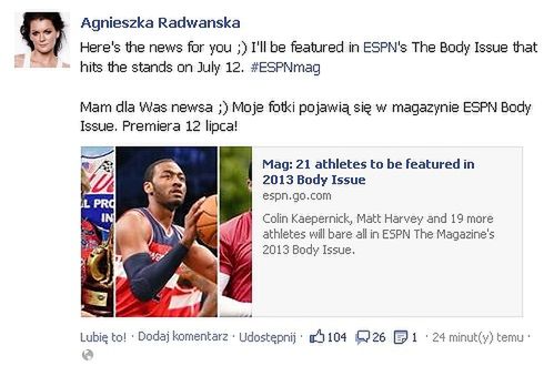 Agnieszka Radwańska sesją w ESPN pochwaliła się na facebooku