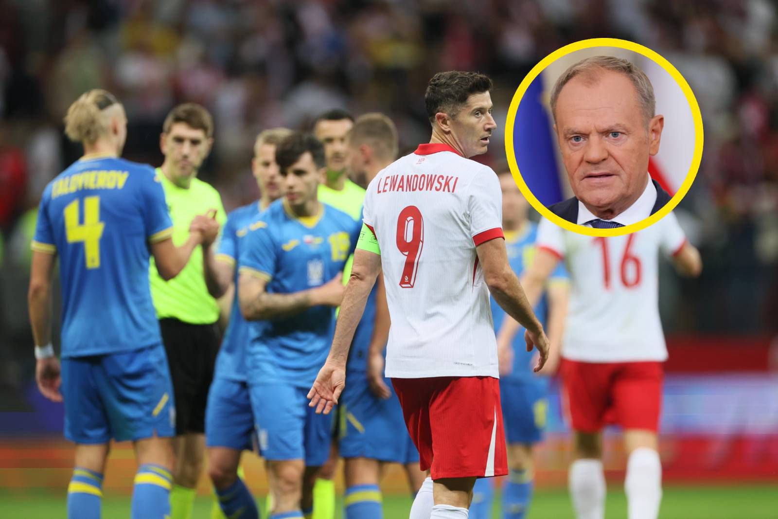 Na zdjęciu: piłkarze Polski i Ukrainy oraz Donald Tusk
