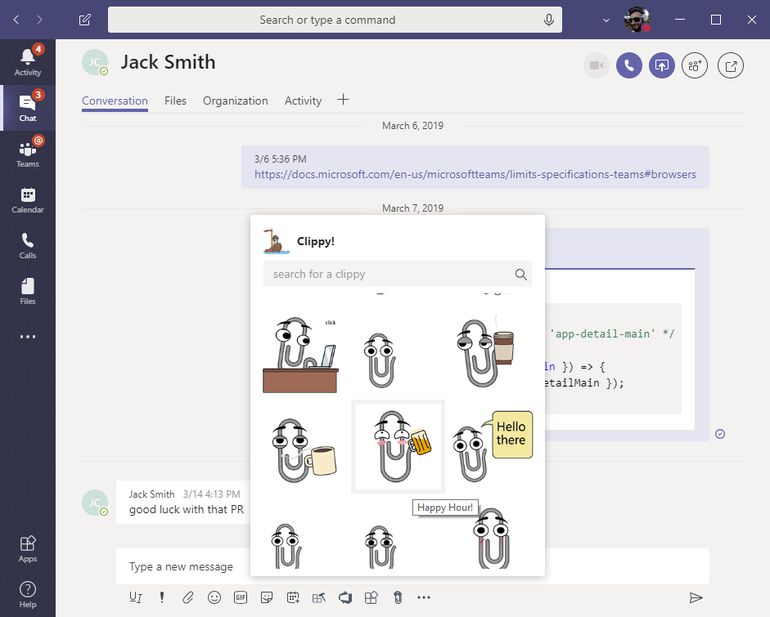 Animowane naklejki ze spinaczem w Microsoft Teams, źródło: MS Teams, UserVoice.