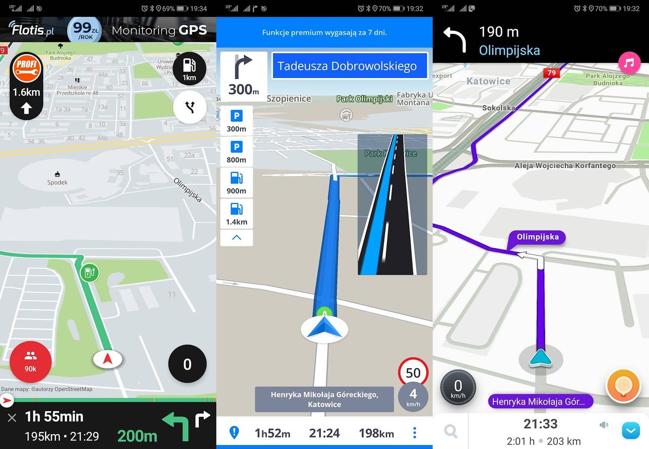 Yanosik, Sygic i Waze – przykładowe nawigacje GPS w smartfonie.