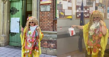 Egzotyczna Magda Gessler skryta za chustą zachęca do głosowania