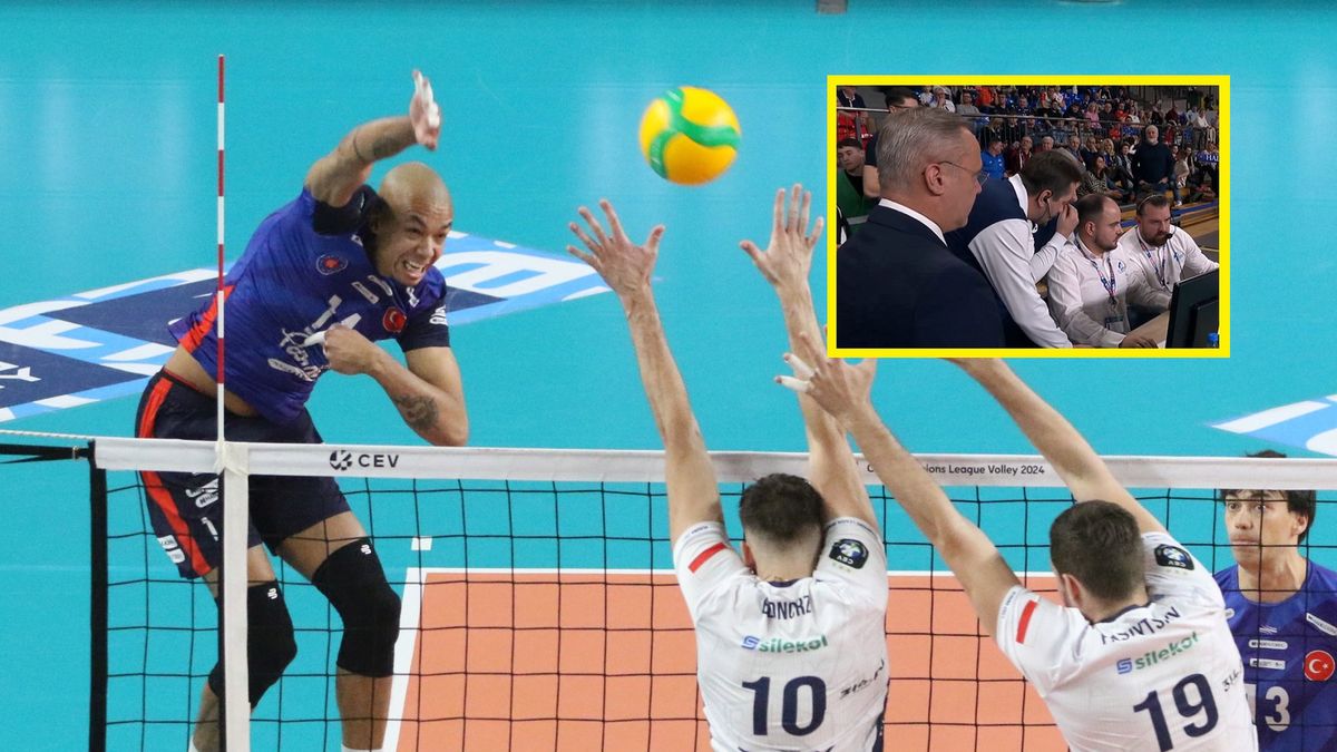 PAP / Krzysztof Świderski / Na zdjęciu: siatkarze podczas meczu Grupa Azoty ZAKSA Kędzierzyn Koźle - Halkbank Ankara, w ramce sędziowie (fot. Polsat Sport)