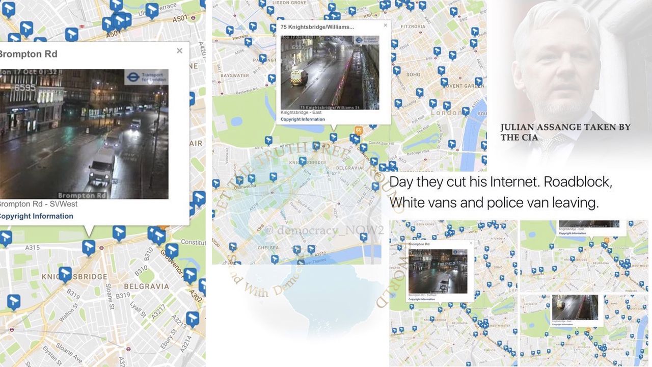 Zdjęcia z monitoringu ulicznego Londynu, zrobione podobno w dniu, gdy Assange'owi odcięto Internet (źródło: 8chan)