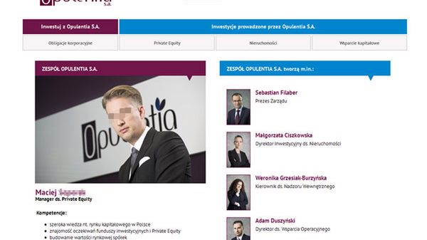 Informacja na temat Macieja S. na stronie internetowej Opulentia S. A. Nazwisko i wizerunek ukryliśmy ze względu na zarzuty prokuratorskie