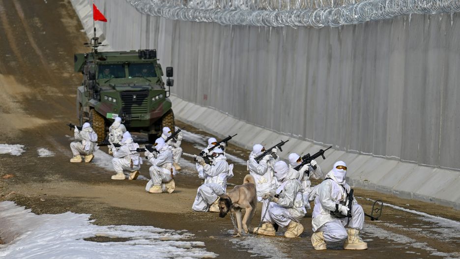 VAN, TURKIYE - DECEMBER 04: Security forces patrol around 170 kilometers of the security wall where built on the Iranian border to prevent illegal crossings, smuggling activities and terrorist infiltration in Van, Turkiye on December 04, 2023. Security measures are also kept at a high level in order to prevent crossing the border. Security forces, using all the means of technology, keep the border under constant control with the Sahingoz thermal camera developed by ASELSAN with domestic and national facilities and capable of detecting from a distance of 10 kilometers, ACAR Land Surveillance Radar System capable of detecting from a distance of 40 kilometers, SEDA Firing Location Detection System, thermal and PTZ cameras, lighting system and seismic sensors. (Photo by Ozkan Bilgin/Anadolu via Getty Images)