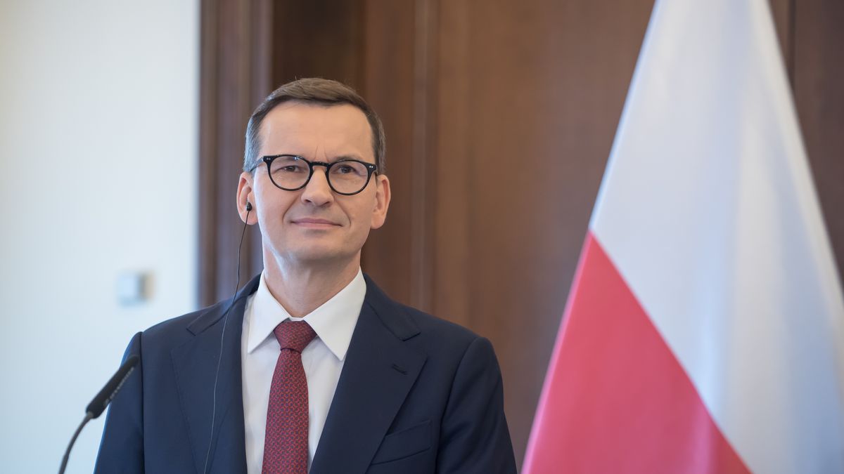 PRAGUE, CZECH REPUBLIC - 2022/06/03: Prime minister of Poland Mateusz Morawiecki during a joint press conference. A joint meeting of Czech and Polish governments took place today on the 3rd of June in Prague. Members of both governments discuss current situation in Ukraine, common energy security, the upcoming Czech presidency of the Council of the European Union, and other topics. (Photo by Tomas Tkacik/SOPA Images/LightRocket via Getty Images)