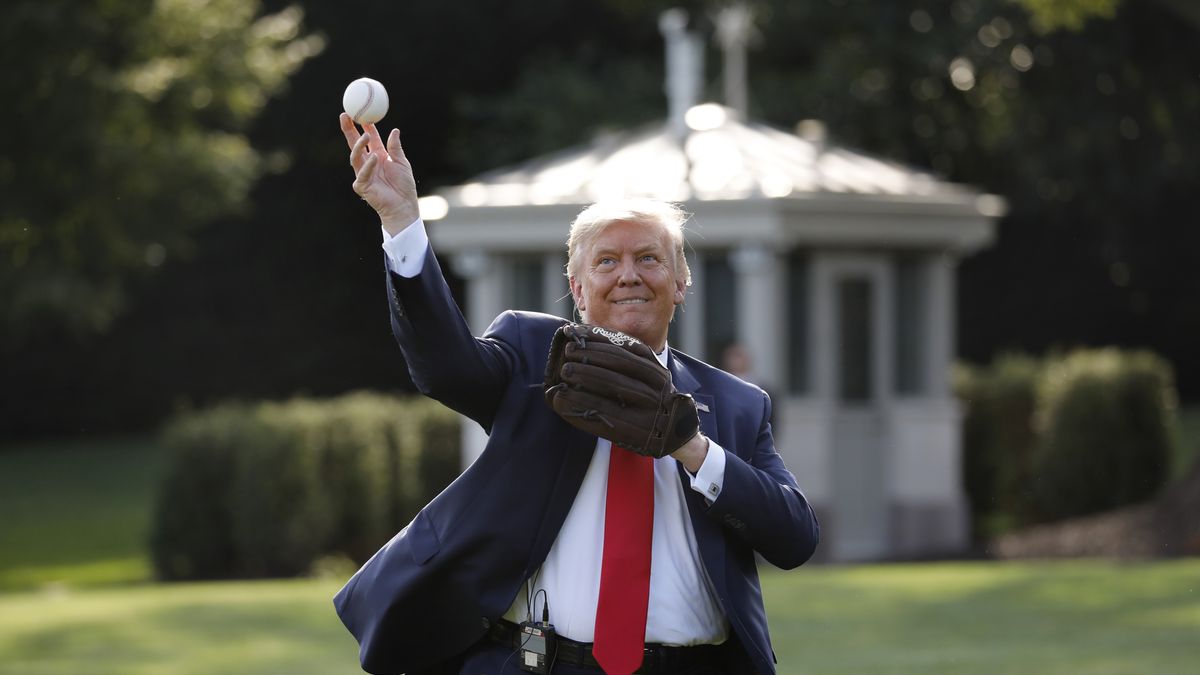President Trump Marks Opening Day Of Major League Baseball Season On The South LawnU.S. President Donald Trump throws a baseball on the South Lawn of the White House in Washington, D.C., U.S., on Thursday, July 23, 2020. Trump met with youth baseball players to celebrate Opening Day of the Major League Baseball (MLB) season. Photographer: Yuri Gripas/Abaca/Bloomberg via Getty ImagesBloombergamericas, us, u.s.a., 2020uspolitics, united states of america, u.s. government, american, north american