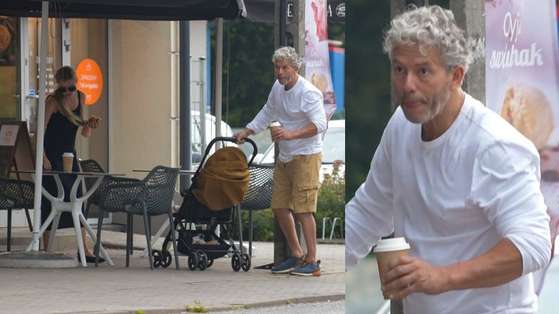 Joanna Krupa z kawą i smartfonem w ręce oprowadza męża i córeczkę po Warszawie