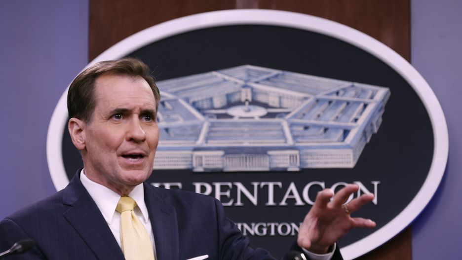 ARLINGTON, VIRGINIA - MARCH 31: U.S. Department of Defense Press Secretary John Kirby talks to reporters during a news briefing at the Pentagon on March 31, 2022 in Arlington, Virginia. Kirby was asked about weapons and other supplies the United States is sending to Ukraine to assist that country after Russia invaded about one month ago. (Photo by Chip Somodevilla/Getty Images)