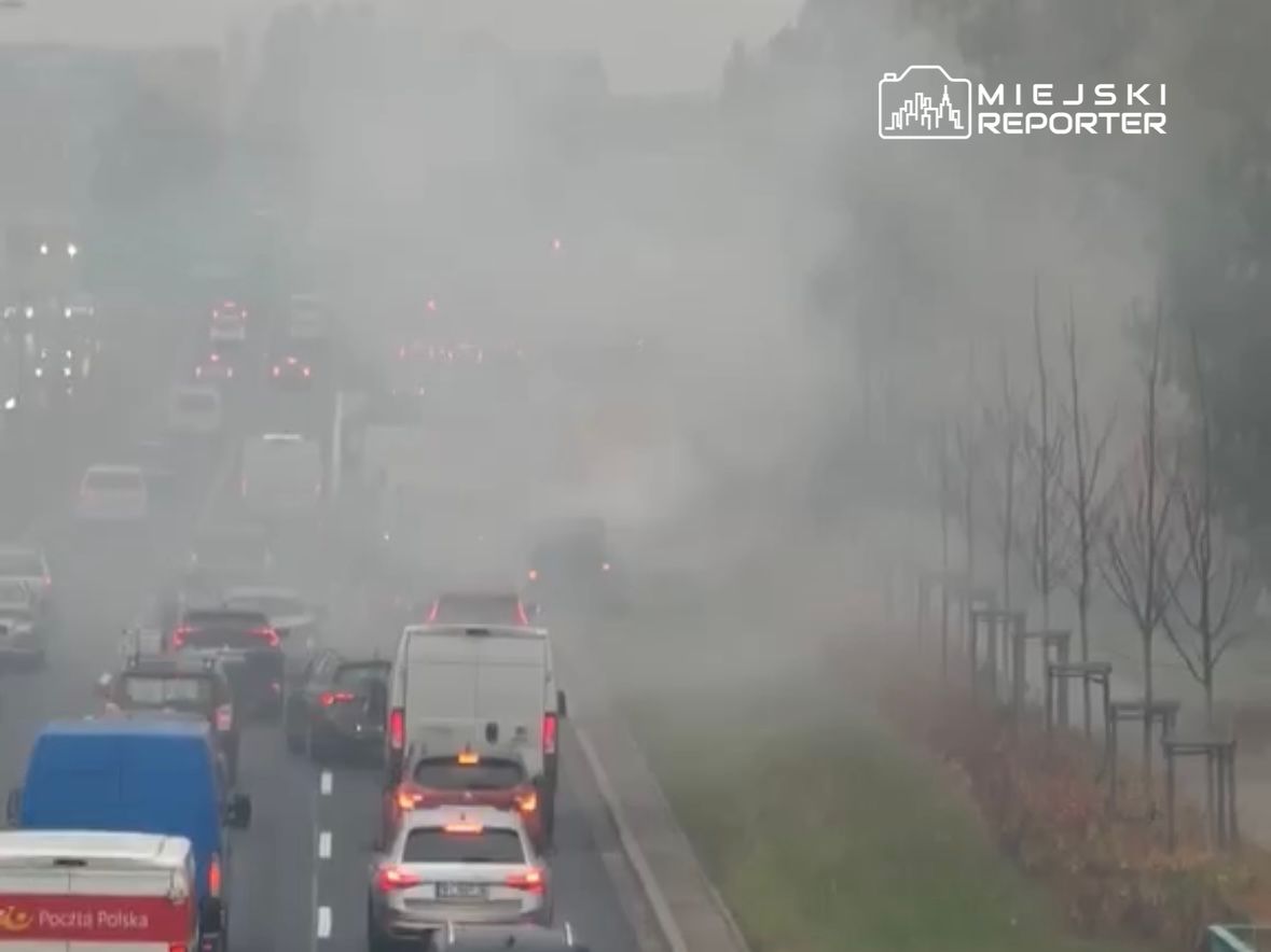 Gęsta mgła ograniczająca widoczność na ruchliwej drodze, samochody w korku poruszają się powoli.