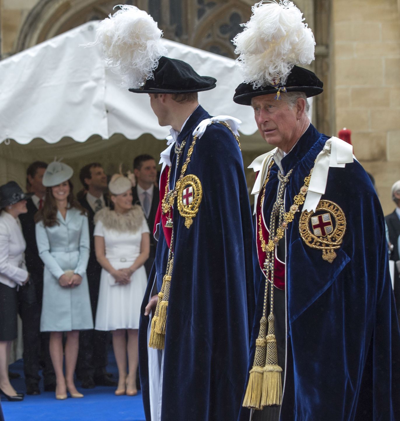 The Order Of The Garter Service
WINDSOR, ENGLAND - JUNE 16:  Catherine, Duchess of Cambridge and Sophie, Countess of Wessex watch as Prince William, Duke of Cambridge and Prince Charles, Prince of Wales arrive to attend the Most Noble Order of the Garter Ceremony from the Galilee Porch on June 16, 2014 in Windsor, England. The Order of the Garter is the senior and oldest British Order of Chivalry, founded by Edward III in 1348. Membership in the order is limited to the sovereign, the Prince of Wales, and no more than twenty-four members.  (Photo by Arthur Edwards - WPA Pool /Getty Images)
WPA Pool
British Royalty, Human Interest, Royalty