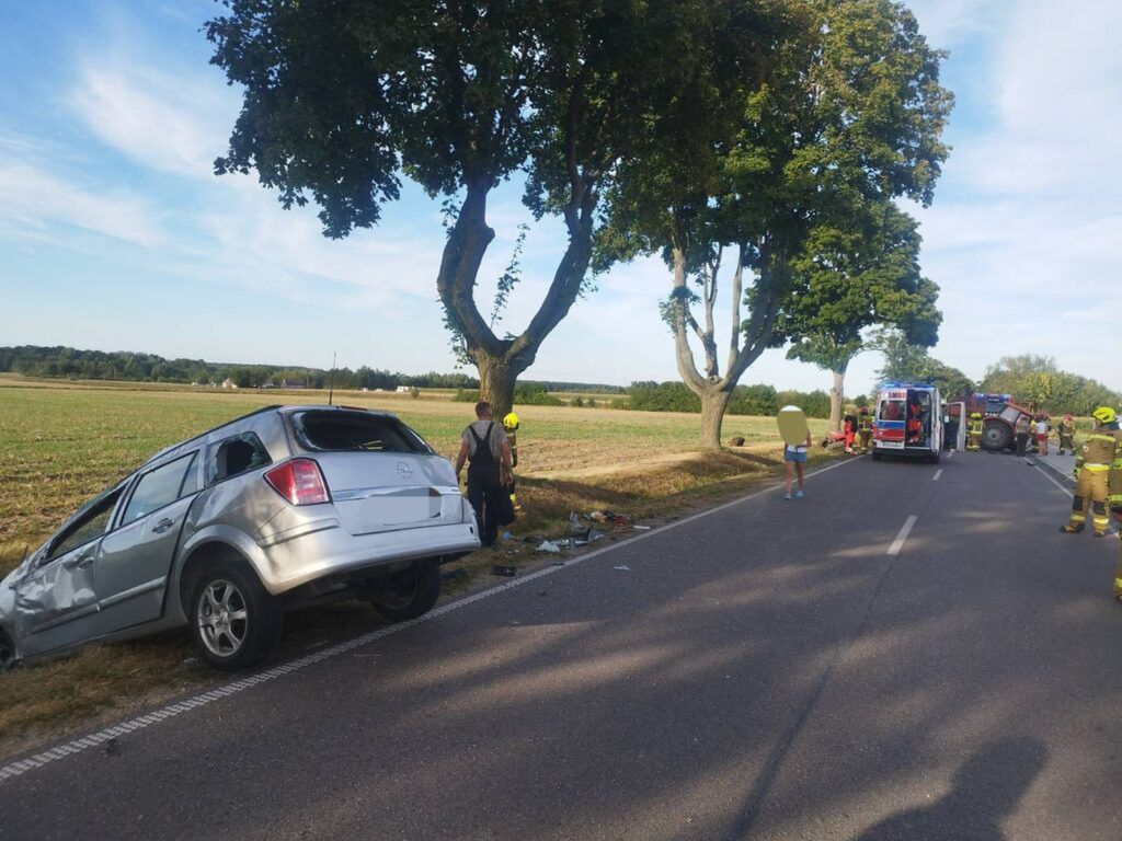 Uszkodzony srebrny samochód stoi przy drodze, obok pracują strażacy i ratownicy medyczni. W tle pola i drzewa.