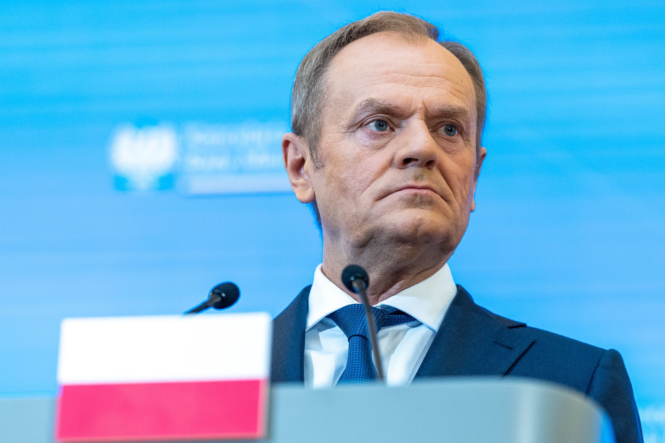 Polish Prime Minister Donald Tusk is speaking during a press conference after his meeting with Belgian Prime Minister Alexander De Croo and European Commission President Ursula von der Leyen at the Prime Minister's Office in Warsaw, Poland, on February 23, 2024. (Photo by Andrzej Iwanczuk/NurPhoto via Getty Images)