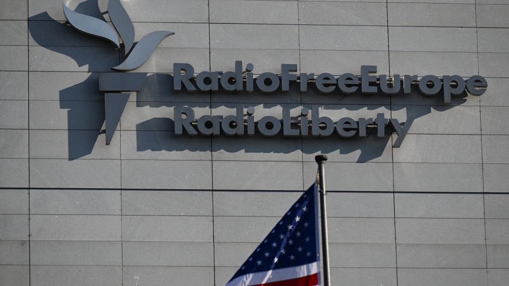The Radio Free Europe/Radio Liberty (RFE/RL) logo displayed
PRAGUE, CZECH REPUBLIC - 2025/03/21: The Radio Free Europe/Radio Liberty (RFE/RL) logo displayed at its headquarter in Prague. Donald Trump's administration had stopped funding several US-funded broadcasters, including the Prague based Radio Free Europe/Radio Liberty (RFE/RL) on 15th of March 2025. 
Radio Free Europe/Radio Liberty (RFE/RL) is a media organization broadcasting news to 23 countries across Eastern Europe, Central Asia, the Caucasus, and the Middle East based in Prague since 1995. (Photo by Tomas Tkacik/SOPA Images/LightRocket via Getty Images)
SOPA Images
radio free europeradio liberty, rferl, headquarter, building